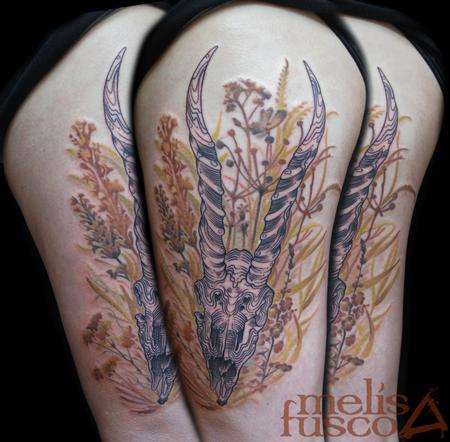 Tattoos - Gazelle Line work, with earth tone wild flowers - 100099